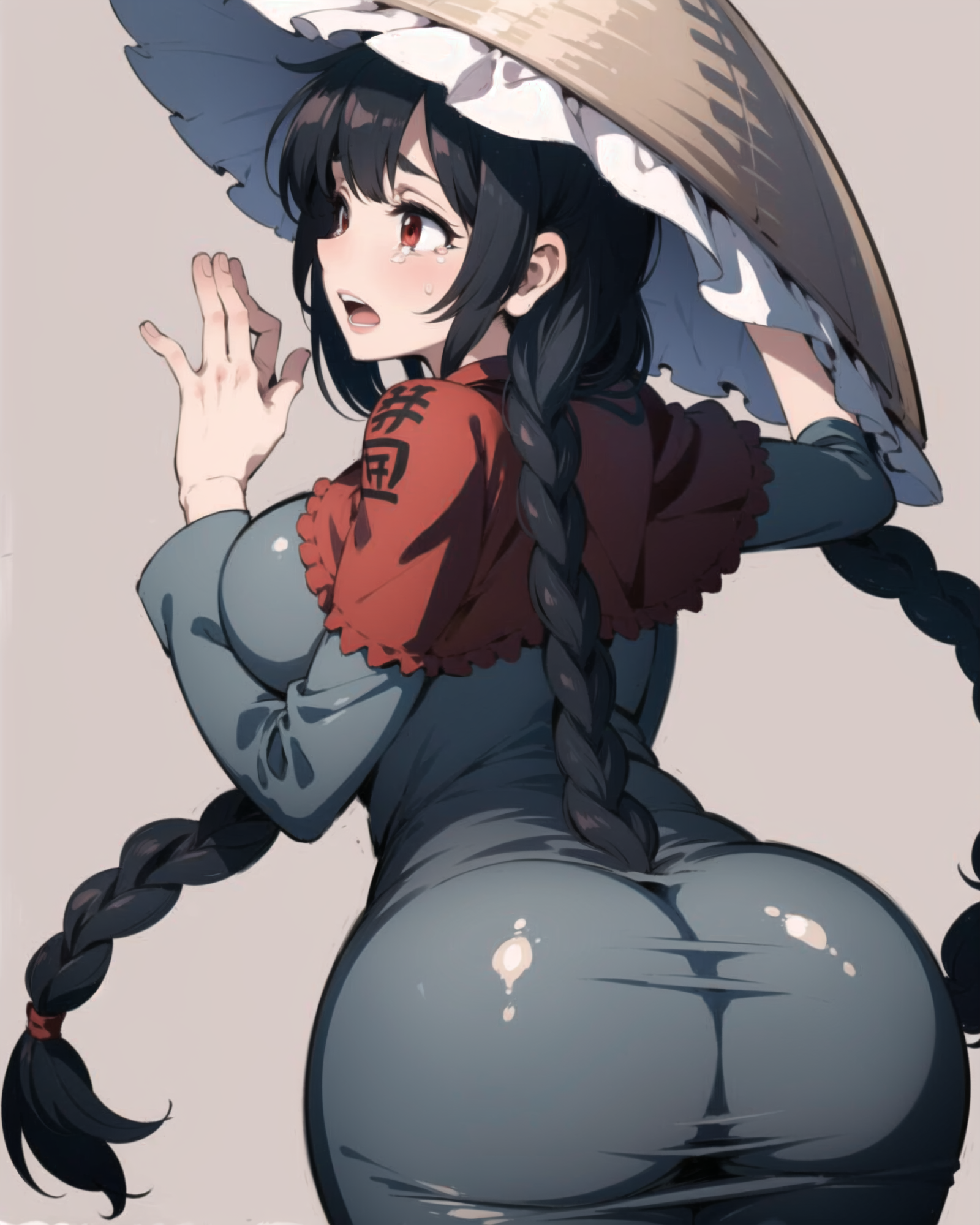 00618-47045916-masterpiece, best quality, _lora_NarumiYatadera_1_,1girl, solo, braid, hat, ass, black hair, twin braids, red eyes, long hair, g.png
